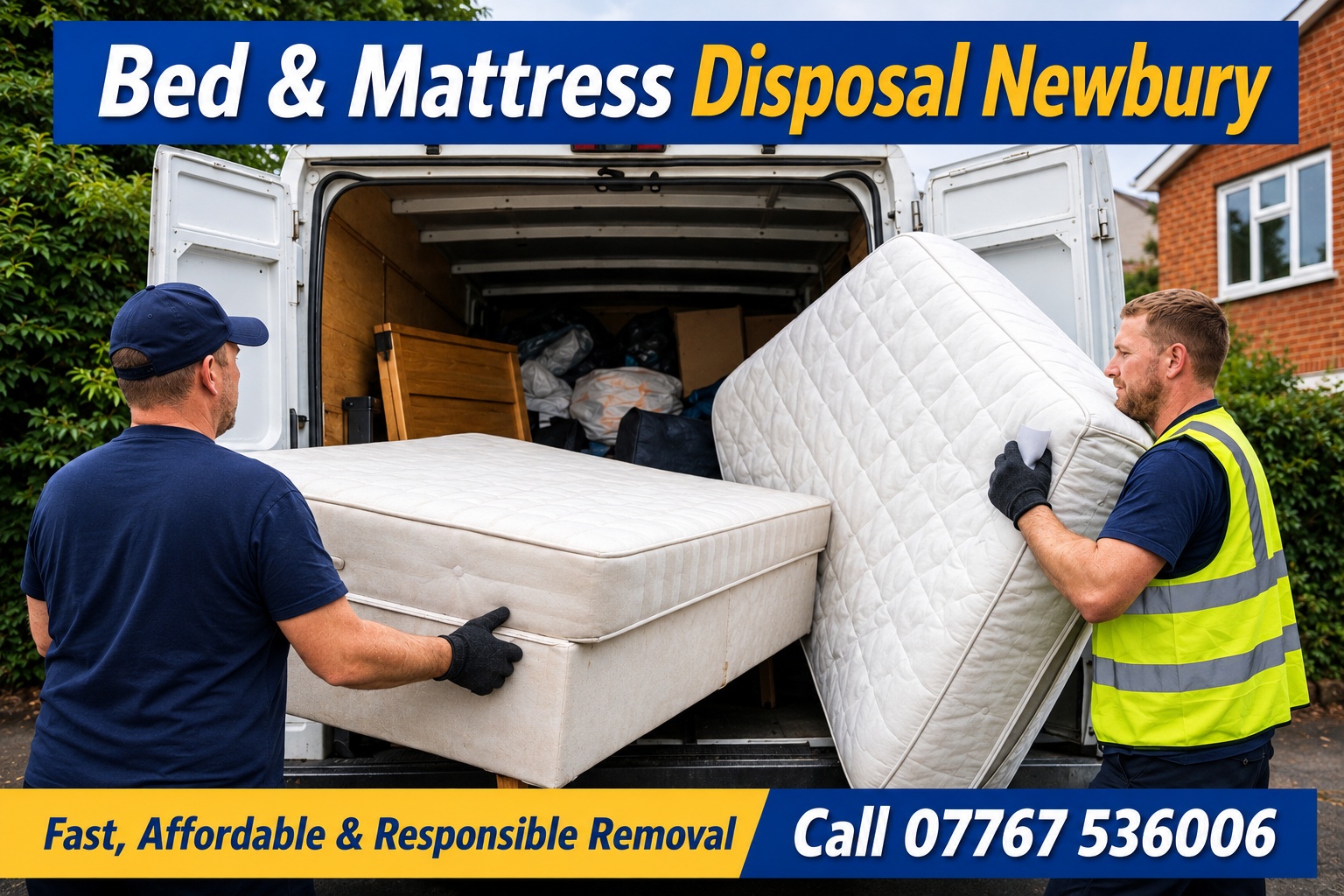 Two workers loading a bed and mattress into a removal van outside a home, representing bed and mattress disposal in Newbury.