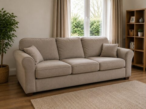 Taupe three-seat sofa with cushions in a bright modern living room, representing sofa disposal in Newbury.
