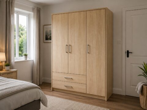 Light oak three-door wardrobe in a bright modern bedroom, representing wardrobe disposal in Newbury.